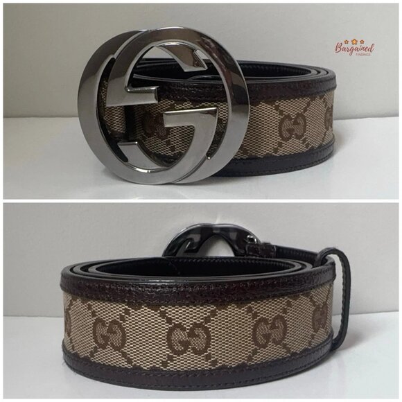 Auth GUCCI Brown Monogram Canvas Leather Silver Interlocking G Buckle Belt 85/34 - Picture 3 of 13